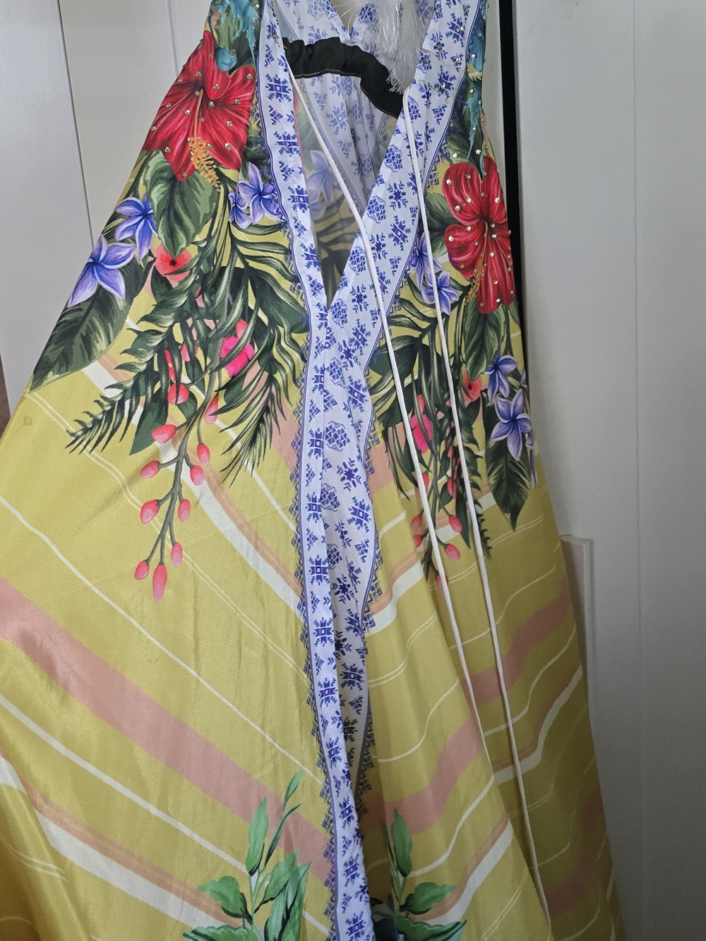 Yellow Floral Maxi Dress with Blue Trim